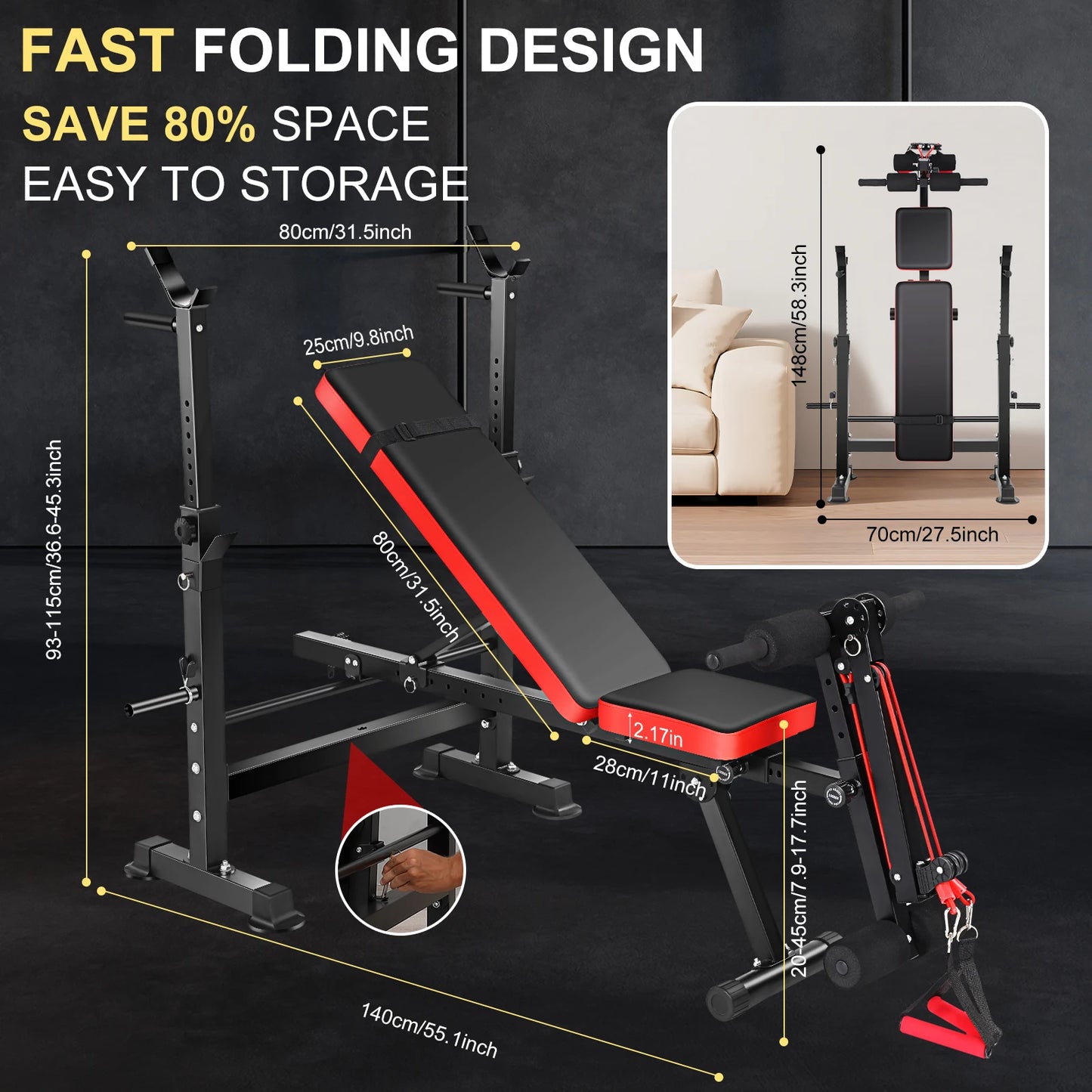 6 in 1 Weight Bench Set with Squat Rack Foldable Adjustable Bench Press Set with Removable Foot Catch Foldable Strength Training