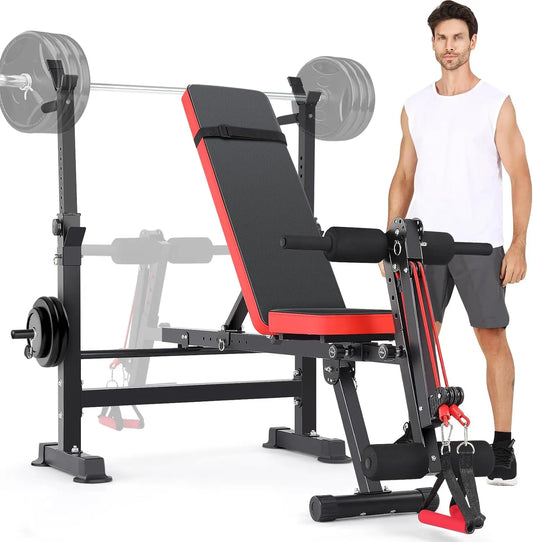 6 in 1 Weight Bench Set with Squat Rack Foldable Adjustable Bench Press Set with Removable Foot Catch Foldable Strength Training